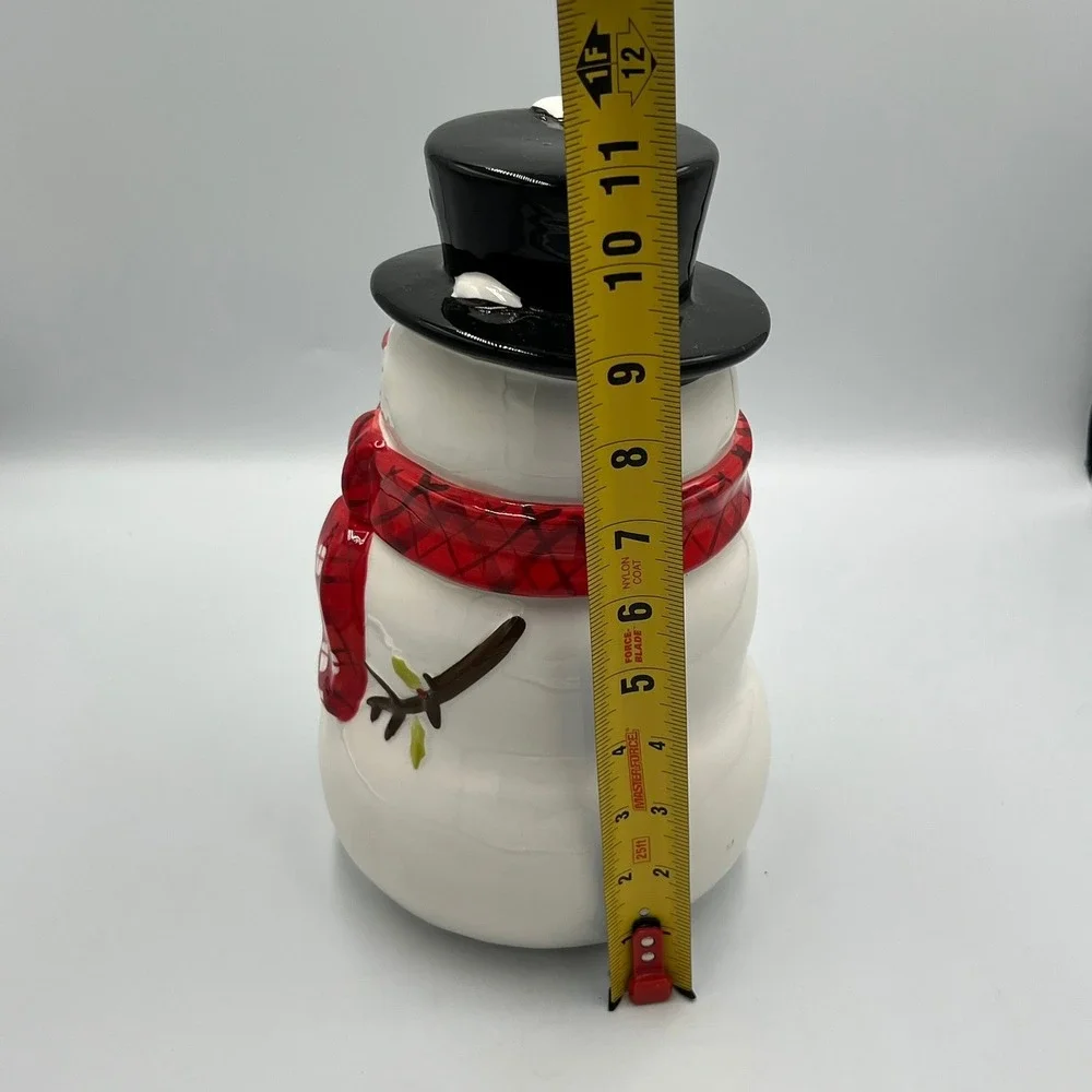 Magenta Snowman Cookie Jar Holiday Large White Red Black Excellent Plaid Scarf